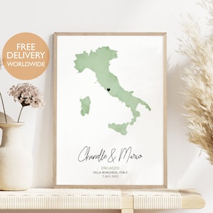 Carte de l'Italie, fiançailles, carte de l'Italie, carte de l'Italie, cadeau de fiançailles de l'Italie, cadeau de fiançailles personnalisé, carte de fiançailles, impression de carte, art mural