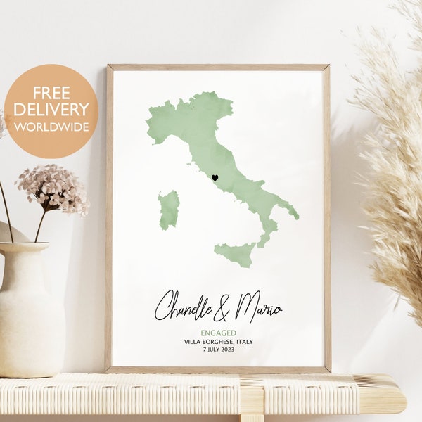 Engagement Map Italy, Engaged in Italy Map, Italy Map, Engaged Italy Gift, Personalized Engaged Gift, Engagement Map,  Map Print, Wall art