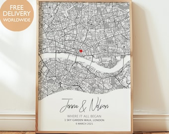 Impresión de mapa "Dónde empezó todo", regalo personalizado con mapa de ubicación para parejas, arte mural "Dónde nos enamoramos", regalo de San Valentín
