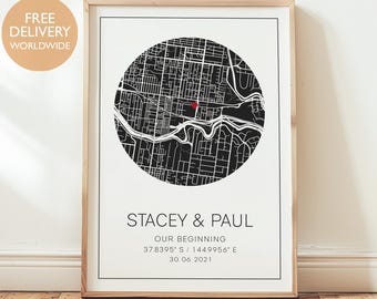 Impresión de nuestro mapa de inicio con coordenadas, arte de pared personalizado con la ubicación de la primera cita