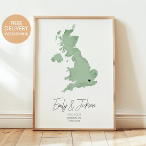 Gift for Newly Engaged Couple Print, Watercolour, Personalized Engaged Gift, Engagement Map Gift, Gift for Husband, Map Print, Wall art