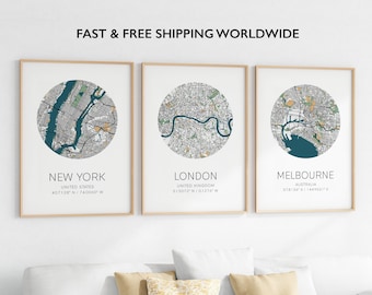 3-teiliges Wandkunst-Set jeder Stadt, personalisierte Orte, Stadtkarte, benutzerdefinierte Karte, Set von 3 Karten, Kartenposter, Set von 3 Postern, Wandkunstdekor