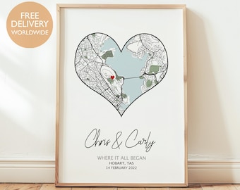 Personalised First Date Map Print, Custom Location Wall Art for Anniversary Gift