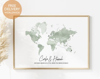 Personalised Long Distance Relationship Gift, Long Distance Gifts for Girlfriend, Long Distance Boyfriend, Long Distance Family, World Map