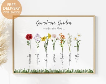 May include: A white printable art print with the text "Grandma's Garden - where love blooms". The print features seven different flowers with names written underneath each flower: Annalise, Joseph, Rebecca, Jessica, Michael, Marcus, and Kelly.