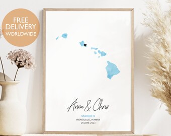 May include: A watercolor map of the Hawaiian islands with a black heart marking the location of Honolulu. The text below reads "Anna & Chris Married Honolulu, Hawaii 26 June 2023".