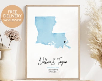 Personalized Anniversary Map Print, Custom Watercolor Location, Framed or Unframed