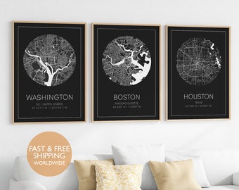 Set von 3 Benutzerdefinierten Karte Drucke, personalisierte Stadt Karte Wandkunst