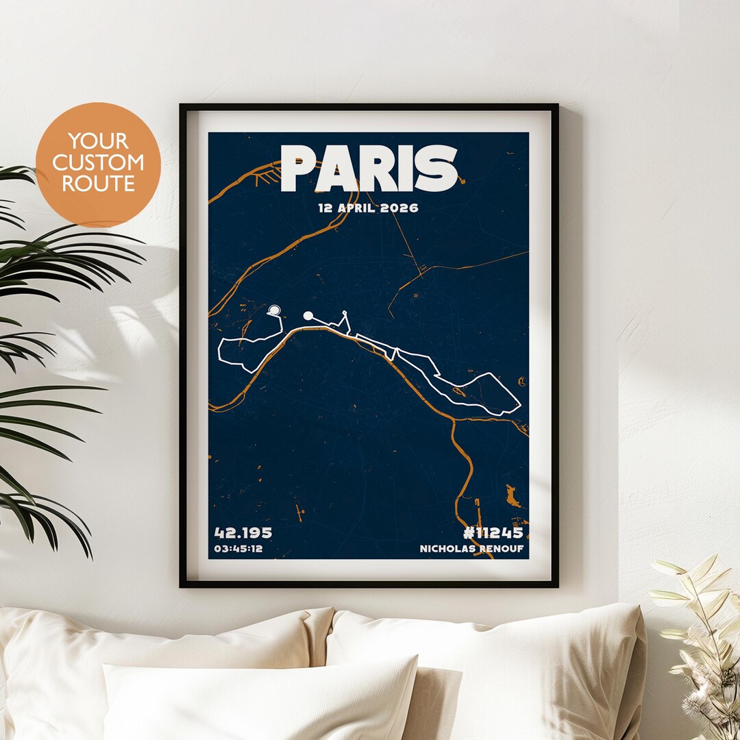 Custom Paris Marathon 2026 Route Map Print Runner Gift Strava GPX Art Il Tvva 
