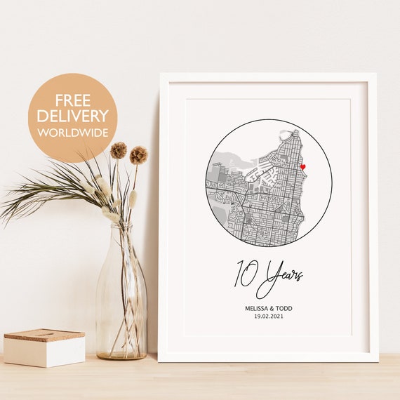 Anniversary Gifts for Wife, Husband, Spouse 10 year Anniversary Gift for  Men or Women, Unique Gift for Anniversaries, Map, Travel, Printable