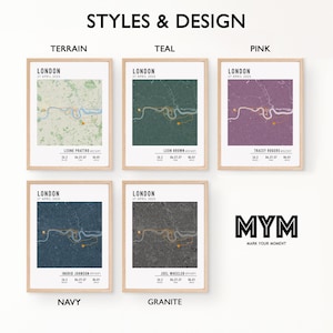 Pode incluir: Uma cole&ccedil;&atilde;o de impress&otilde;es art&iacute;sticas emolduradas com designs de mapas de Londres. Cada impress&atilde;o tem um esquema de cores diferente, incluindo terreno, verde-azulado, rosa, azul marinho e granito. As impress&otilde;es incluem o texto "LONDON 27 APRIL 2025".