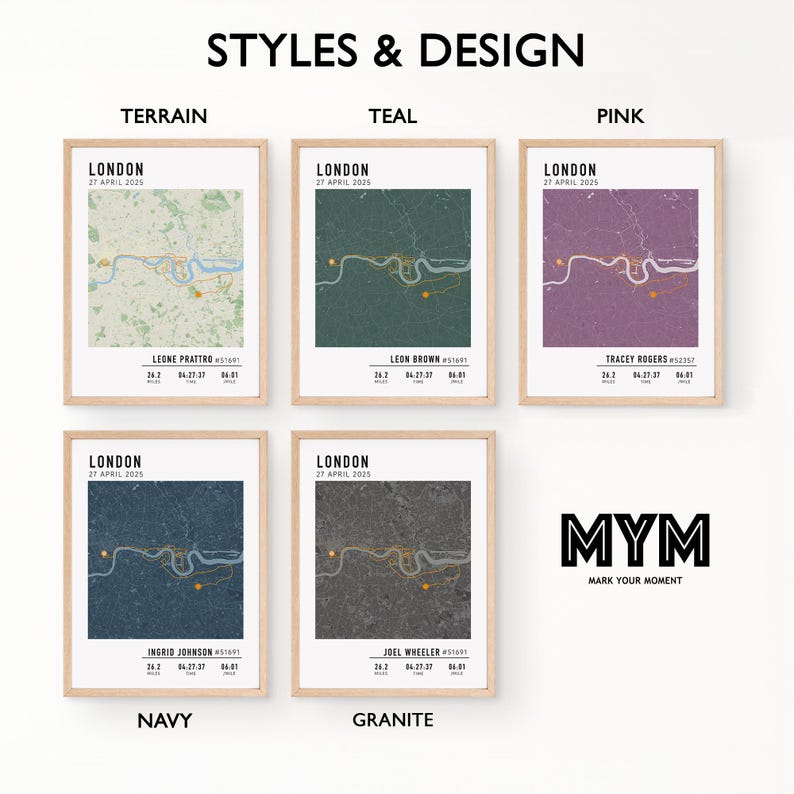 Pode incluir: Uma cole&ccedil;&atilde;o de impress&otilde;es art&iacute;sticas emolduradas com designs de mapas de Londres. Cada impress&atilde;o tem um esquema de cores diferente, incluindo terreno, verde-azulado, rosa, azul marinho e granito. As impress&otilde;es incluem o texto "LONDON 27 APRIL 2025".