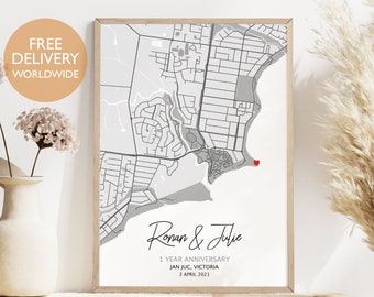 One Year Anniversary Location Map Print, Personalised Keepsake