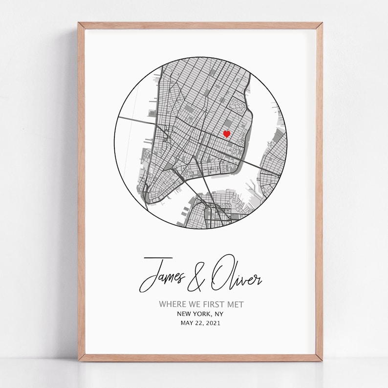 Close up of personalised first date map with custom text and location details
