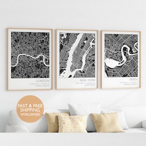 Impressão de mapa personalizada, conjunto de três, impressões de mapa, locais personalizados, sua escolha, aniversário, mapa personalizado, mapa da cidade natal, mapa da cidade, mapa personalizado