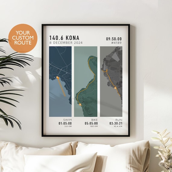 Any Triathlon Map Poster, Custom Ironman Route Map, Strava or GPX Map My Event, Custom Triathlon Route Map Print, Ironman Gift