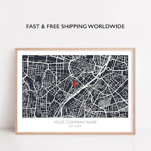 Presente para chefe, presente para proprietário de empresa, mapa de localização do escritório da empresa, aniversário de 10 anos de empresa, local de negócios personalizado, presente para CEO