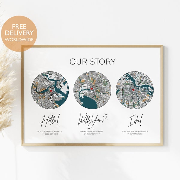 The Story Of Us - Met Engaged Married, Paper Anniversary Gift for Husband, Paper Anniversary Gift for Him, Wedding Gift for Husband, Map