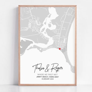 Meaningful location map print celebrating a couple’s first date or meeting