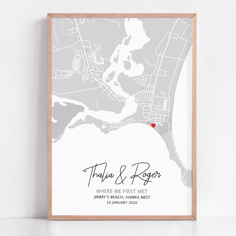 Meaningful location map print celebrating a couple’s first date or meeting