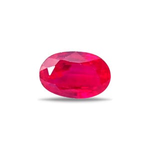 May include: A faceted, oval-shaped ruby gemstone. The gem is a vibrant, deep red color, with multiple facets catching the light. The ruby is set against a clean white background, highlighting its brilliance.