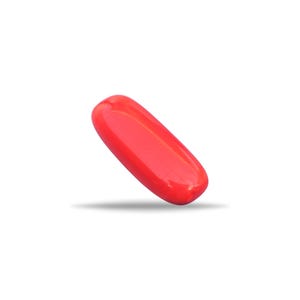 May include: A vibrant red, capsule-shaped object with a glossy finish. The object is elongated and slightly curved, casting a subtle shadow against a white background. The design is simple and modern.