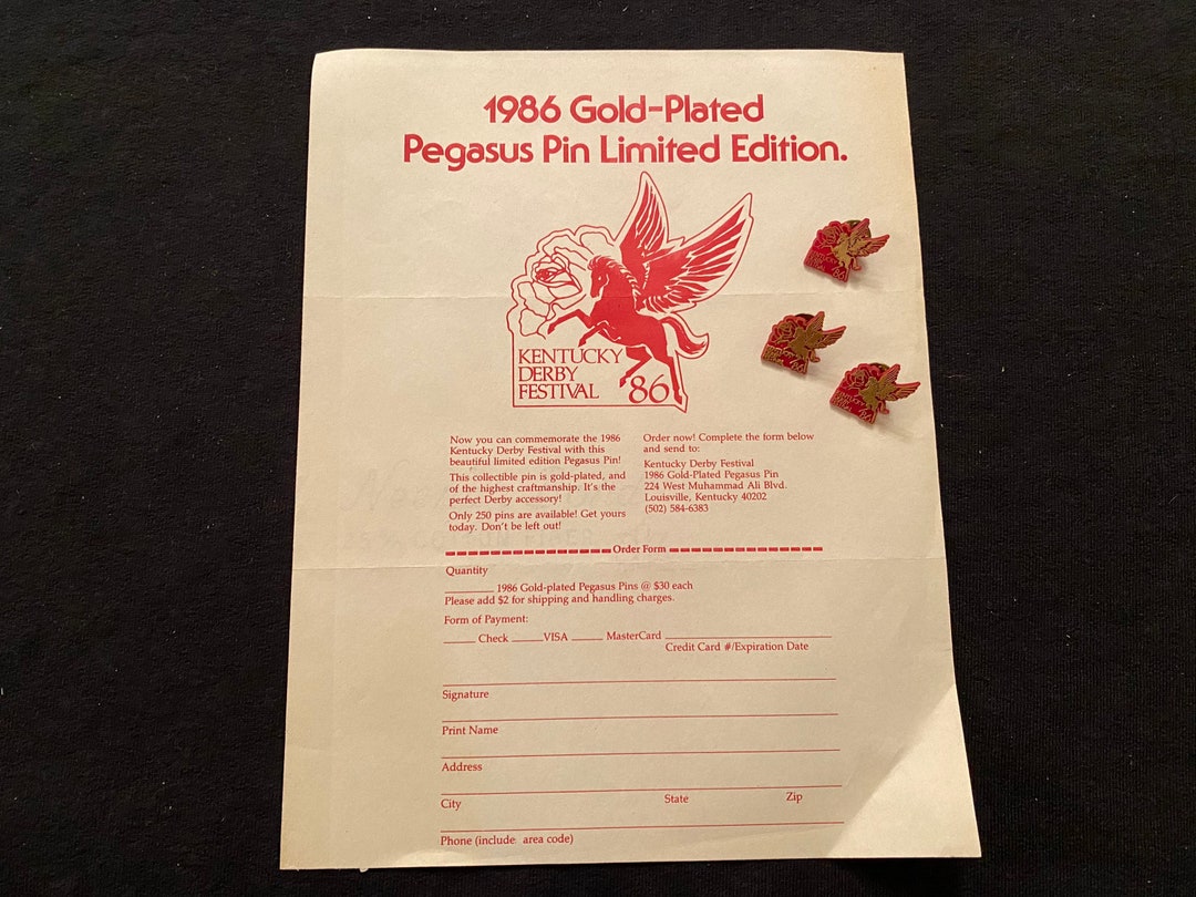 Lot of 3 1986 Pegasus Pins With RARE Advertisement for Gold Plated