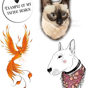 Op de afbeelding: Een digitale illustratie van drie tatoeageontwerpen. Het eerste ontwerp is een feniks met oranje en gele veren. Het tweede ontwerp is een Siamese kat met blauwe ogen. Het derde ontwerp is een bullterrier die een roze bandana met een bloemenpatroon draagt.