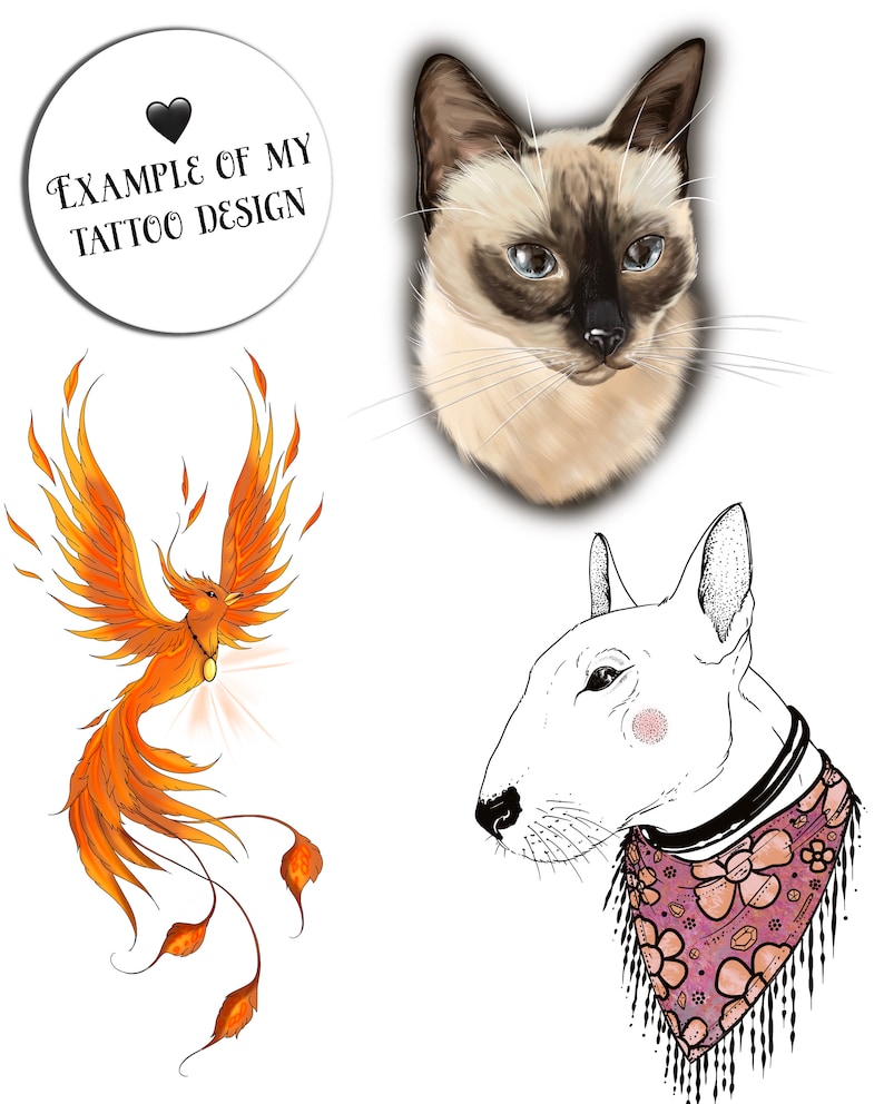 Op de afbeelding: Een digitale illustratie van drie tatoeageontwerpen. Het eerste ontwerp is een feniks met oranje en gele veren. Het tweede ontwerp is een Siamese kat met blauwe ogen. Het derde ontwerp is een bullterrier die een roze bandana met een bloemenpatroon draagt.
