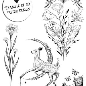 Op de afbeelding: Zwart-witte tattoo-ontwerp in lijnkunst stijl met een hert dat in een halve maan rent, een opgerolde kat, twee vlinders en een boeket bloemen.