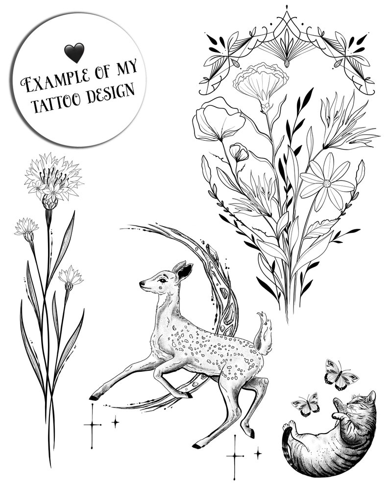 Op de afbeelding: Zwart-witte tattoo-ontwerp in lijnkunst stijl met een hert dat in een halve maan rent, een opgerolde kat, twee vlinders en een boeket bloemen.