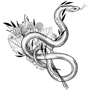 Op de afbeelding: Een zwart-witte lijntekening van een slang die om een ​​boeket bloemen en bladeren is gewikkeld.