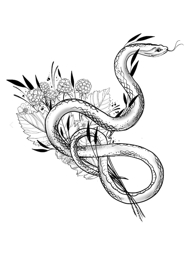 Op de afbeelding: Een zwart-witte lijntekening van een slang die om een ​​boeket bloemen en bladeren is gewikkeld.