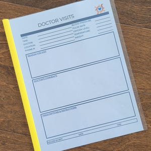 May include: A light blue doctor visit log with a heart icon. The log includes sections for date, time, doctor, location, phone number, reason for visit, doctor's comments, prescriptions and instructions, follow-up appointment, blood pressure, pulse rate, oxygen level, temperature, and weight.