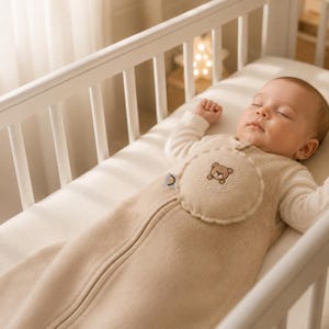 Peut inclure: Une gigoteuse sans manches beige avec un écusson circulaire sur la poitrine orné d'une broderie représentant une tête d'ours brun entourée d'une couronne de laurier. Le vêtement possède une fermeture éclair et se porte sur un haut crème.