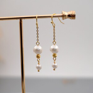 18K Gold Long Chain Pearl Dangle Earrings | Double Pearl Earrings | 18K Gold Hook Earrings | Gifts for Women | Bridal Earrings