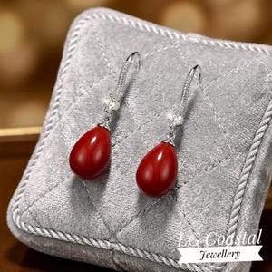 Red Teardrop Sterling Silver Earrings with Crystals - Includes Satin Ribbon Pillow Gift Box