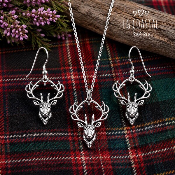 Sterling Silver 925 Stag Necklace & Earrings, Scottish Jewellery, 6 Chain Lengths, Tartan Ribbon Gift Box
