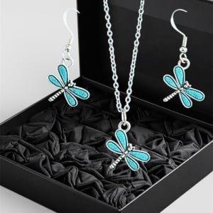 Silver Dragonfly Necklace & Earring Set. Teal Blue Enamelled Wings. 925 Earring Hooks.  925 Chain. Free Postage, Satin Ribbon Gift Box