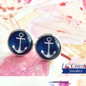 Blue Silver Anchor Stud Earring Gift.  12mm Ocean Swirl, Surgical Steel, 925 Silver Backings. Nautical Jewelry. Polka Dot Gift Box.
