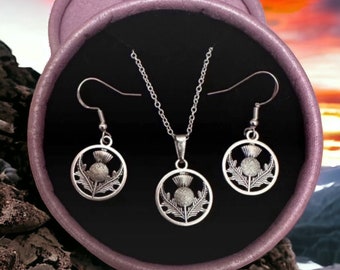 Handmade Silver Scottish Thistle 16", 18" or 20" Necklace & Earring Set - Enjoy Free Fast Shipping!