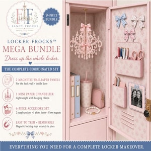 May include: A 9-piece pink locker decoration bundle featuring magnetic floral wallpaper panels, a hanging paper chandelier, two supply pockets, a photo frame, and three bow magnets. The set includes items to organize and decorate a school locker.