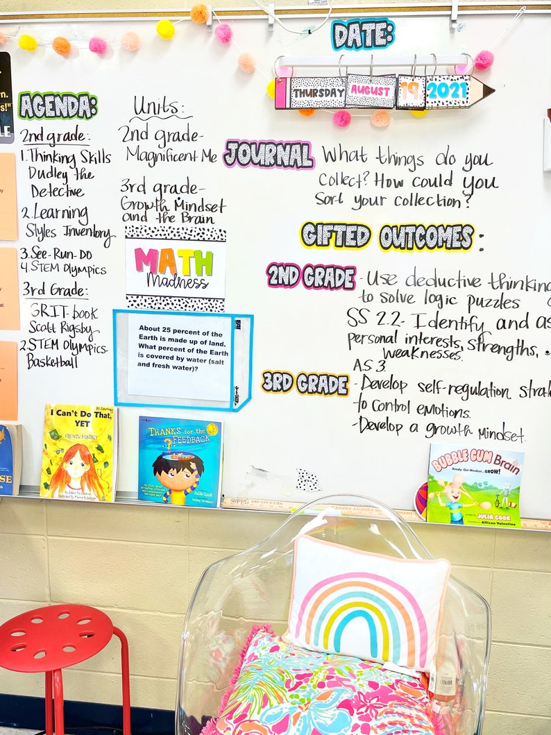 May include: A classroom bulletin board with colorful posters and decorations. The board is divided into sections with headings like "Agenda", "Units", "Journal", "Gifted Outcomes", and "2nd Grade". The posters feature text about learning objectives, curriculum topics, and classroom activities. There are also books and a clear chair with a rainbow pillow.