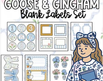 Może przedstawiać: Zestaw pustych etykiet w niebiesko-białą kratę gingham. Etykiety zawierają numery, ramki, kokardy, gęsi i kwiatowe wzory. Tekst "GOOSE & GINGHAM Blank Labels Set" znajduje się na górze. Dziewczyna z kreskówki trzyma książkę.