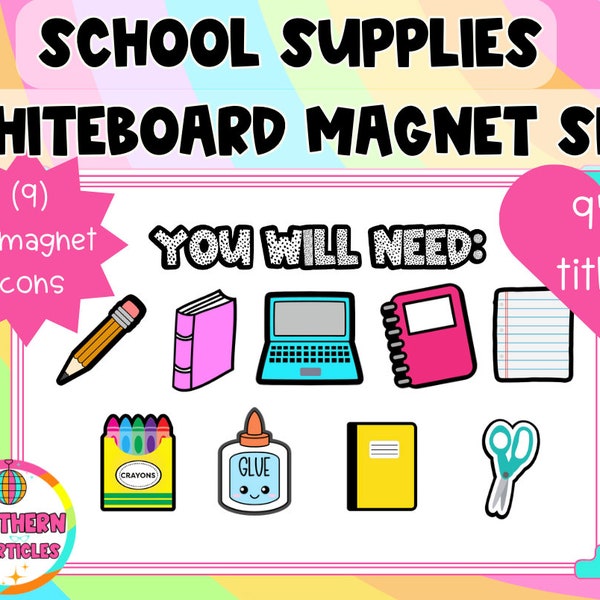 Teacher Whiteboard Magnets Supplies Needed Icons Set