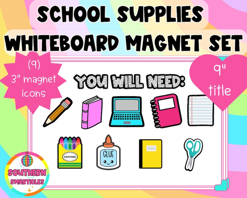 K&ouml;nnte beinhalten: Ein Set mit 9 bunten Whiteboard-Magneten mit Schulutensilien. Die Magnete haben einen Durchmesser von 7,6 cm und beinhalten einen Bleistift, ein Buch, einen Laptop, ein Notizbuch, Buntstifte, Kleber, eine Schere und ein Lineal. Die Magnete sind perfekt f&uuml;r den Einsatz im Klassenzimmer oder zu Hause.