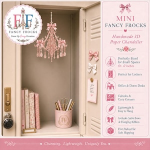 May include: A light pink 3D paper chandelier with satin bows and hanging ribbon, measuring 10-12 inches. The chandelier is displayed inside a locker alongside a pink pen holder with the letters FF, books, and two small bows attached to the door.