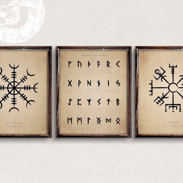 RUNES Poster + ÆGISHJÁLMUR + VEGVÍSIR Antique Prints | Set of 3 Printable Posters | Viking Scandinavian Old Norse  Runes Wall Decor