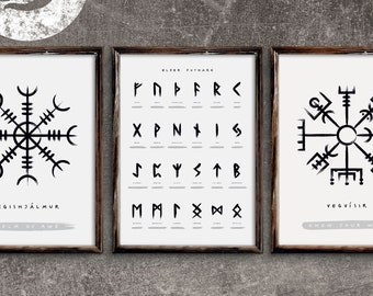 RUNES Poster + ÆGISHJÁLMUR + VEGVÍSIR | Set of 3 Digital Printable Posters | Viking Scandinavian Old Norse Elder Futhark Runes Decor