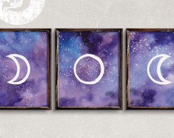 Triple Moon Symbol | Set of 3 Prints | Triple Goddess Neopaganism Wicca Pagan Wall Art Print Poster | Digital Printable | Instant Download